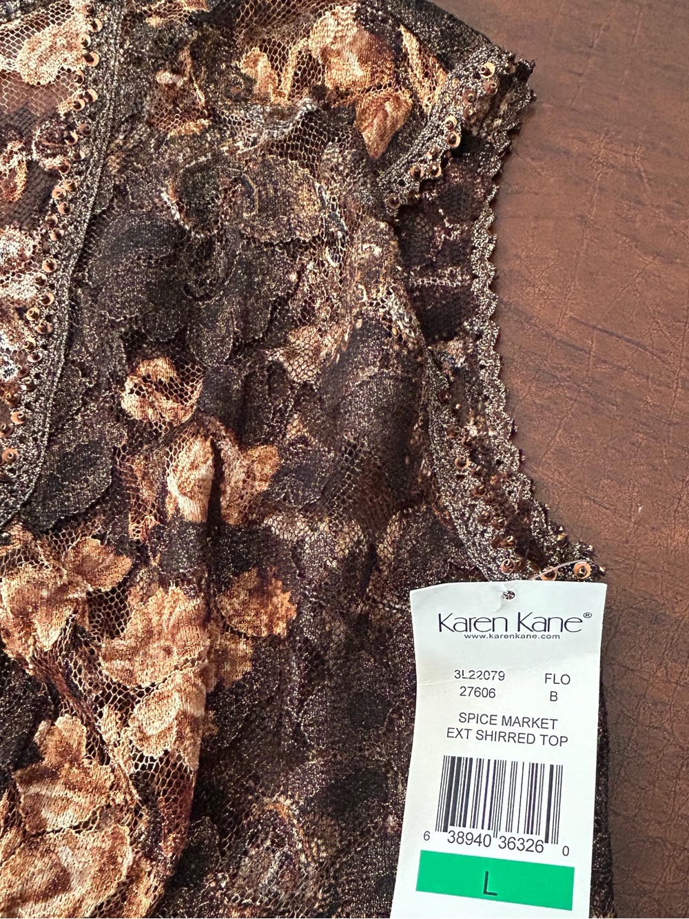Karen Kane Brown Floral Lace-Trim V-Neck Spice Market Shirred Top SZ L Rare NWT - Picture 4 of 14